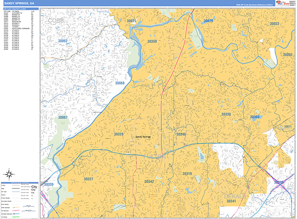 Sandy Springs City Wall Map Basic Style